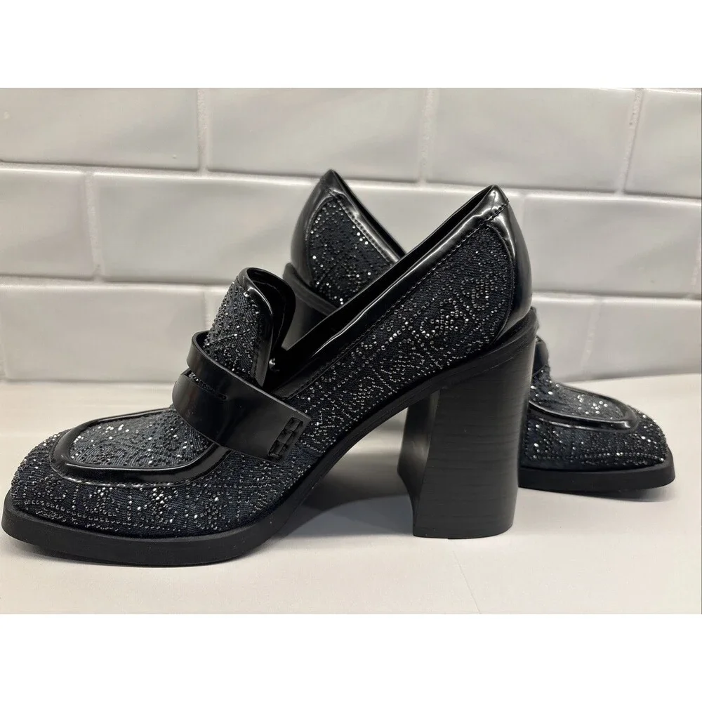 GUESS‎ Women’s Heeled Sparkly Chunky Loafer Size 9M Y2K Vibe EUC Black Glitter